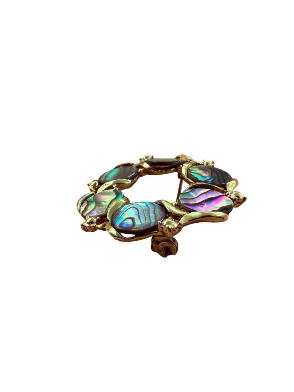 Vintage Abalone Shell Circle Brooch Silver Tone Wreath Pin Paua Statement Jewelr
